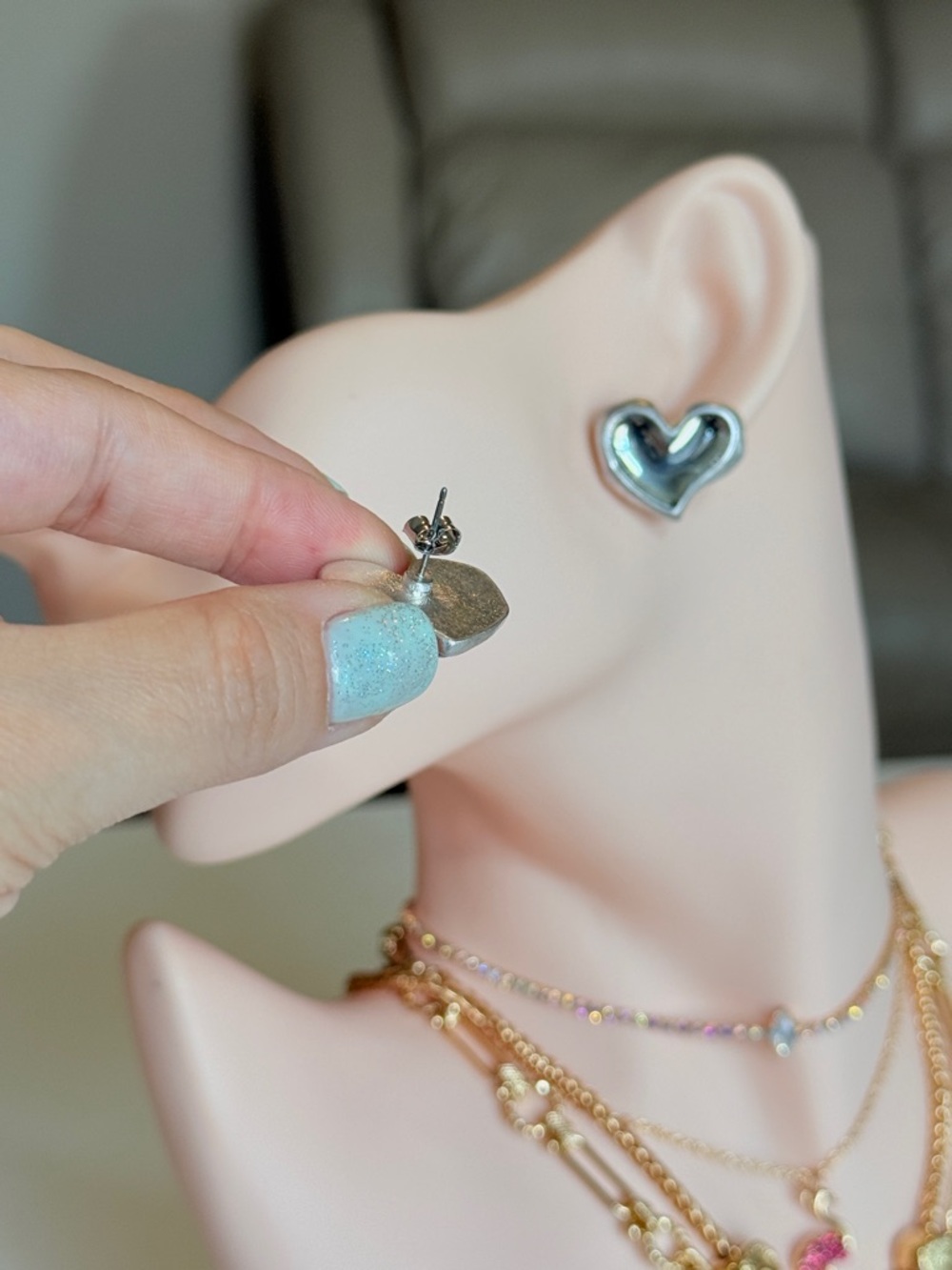 Silver Heart Stud Earrings - Picture 8 of 14